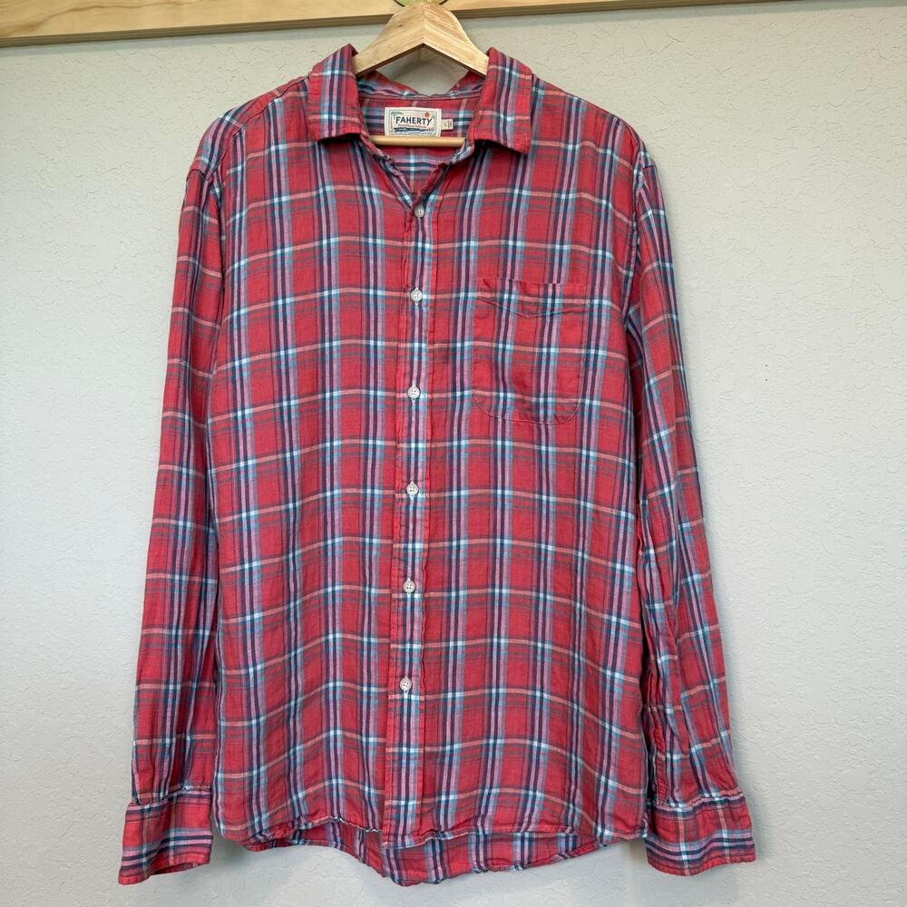 Men's Faherty Red Plaid Linen Long Sleeve Summer Button Down Size L - Picture 1 of 8